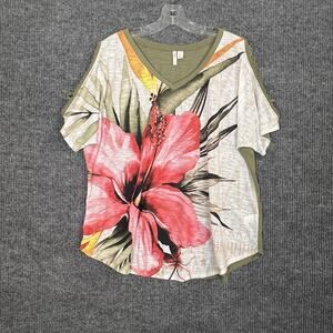 Cato Womens Cold Shoulder Top Size XL Floral Bohemian Short Sleeve Artsy V Neck